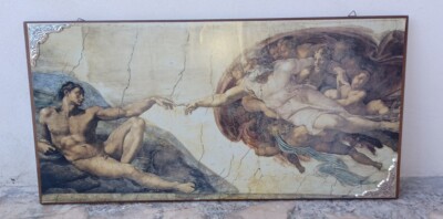 MICHELANGELO CREATION OF ADAM - PRINT ON BOARD 69X35 WITH SILVER CORNERS