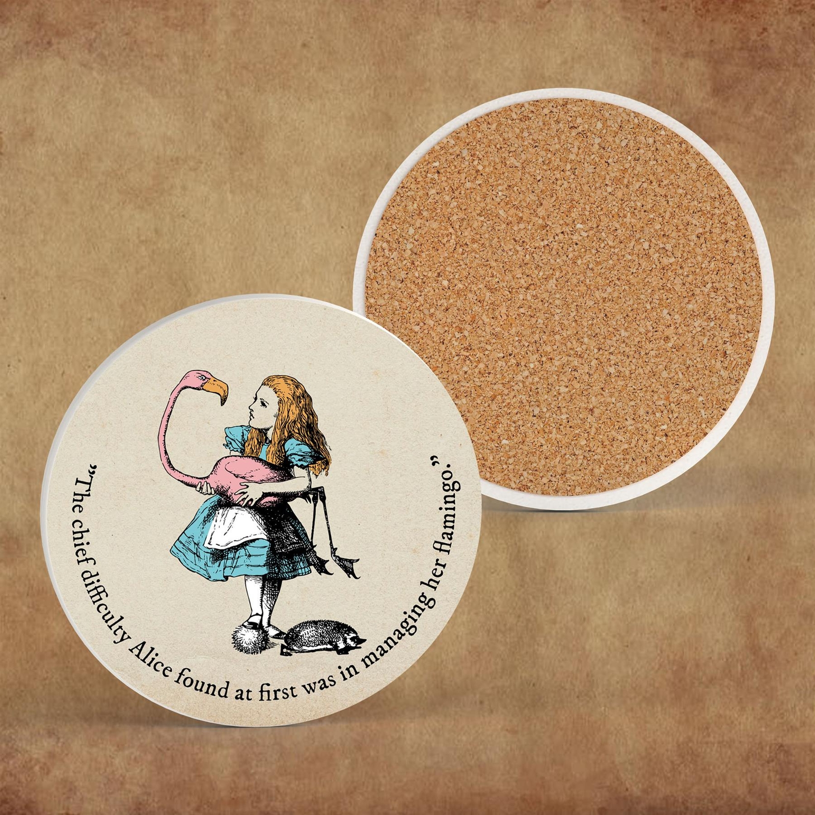 Alice and Flamingo Alice In Wonderland Themed Illustration On Ceramic Coaster