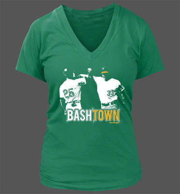 Bash Town Women's Rhinestone V-Neck T-Shirt - Oakland Athletics A's Canseco