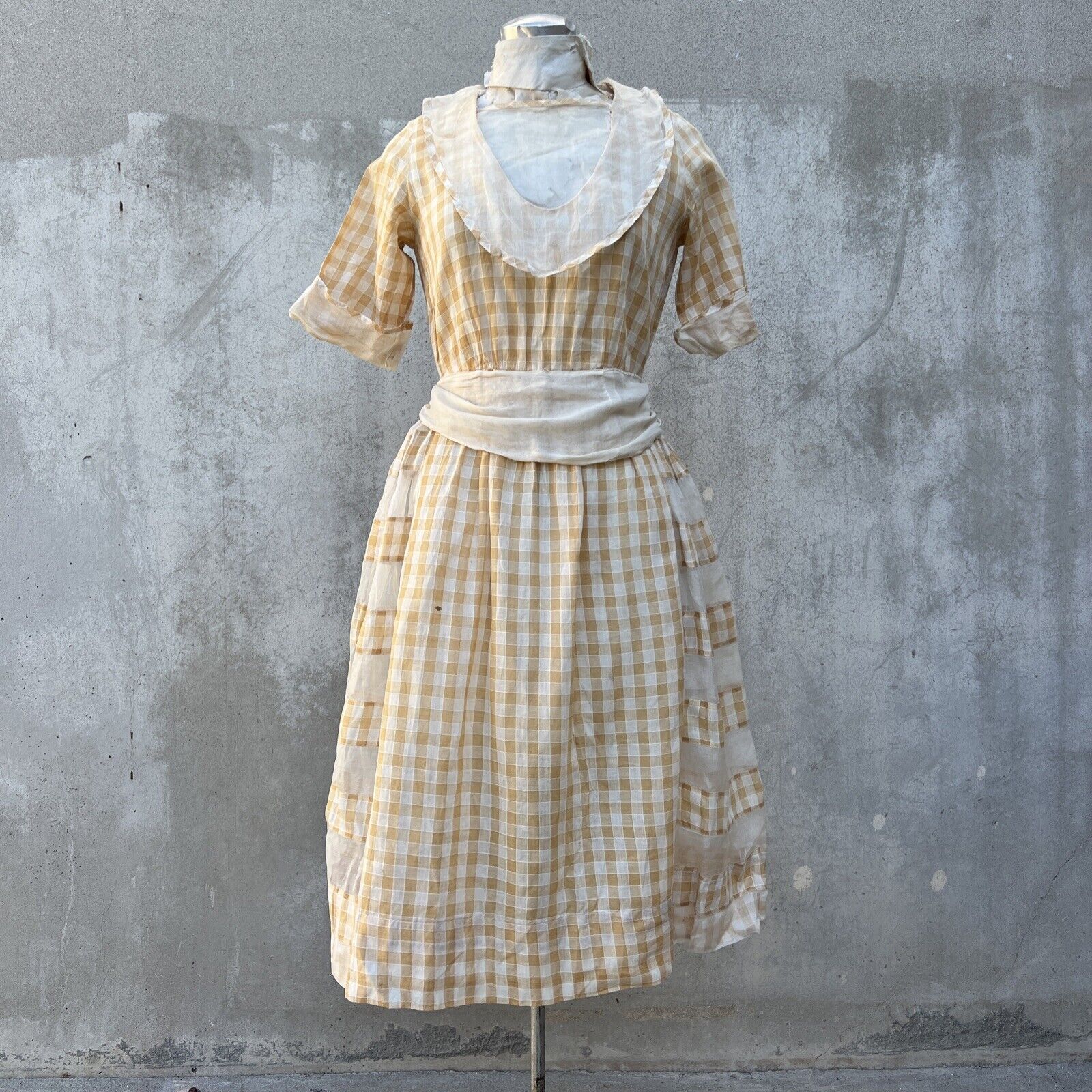 Antique 1920s 1930s Yellow Checkered Organza Cott… - image 1