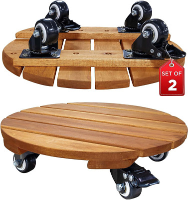 Idzo round Wood Plant Caddy with Wheels, Set of 2 Acacia Hardwood Plant Dolly 