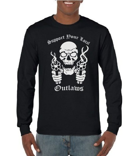 Support Your Local Outlaws Biker Motorcycle MC T-Shirt - Black Skull Graphic, 2-Sided Print 2 thumbnail image