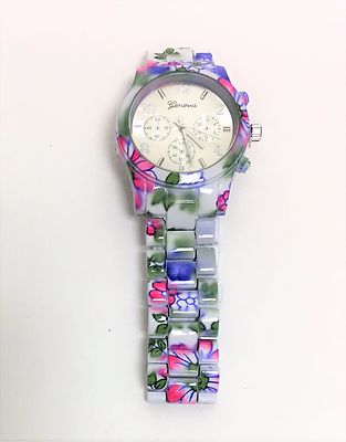 NEW GENEVA WHITE,PINK,GREEN,BLUE FLORAL,CHRONOGRAPH BRACELET 
