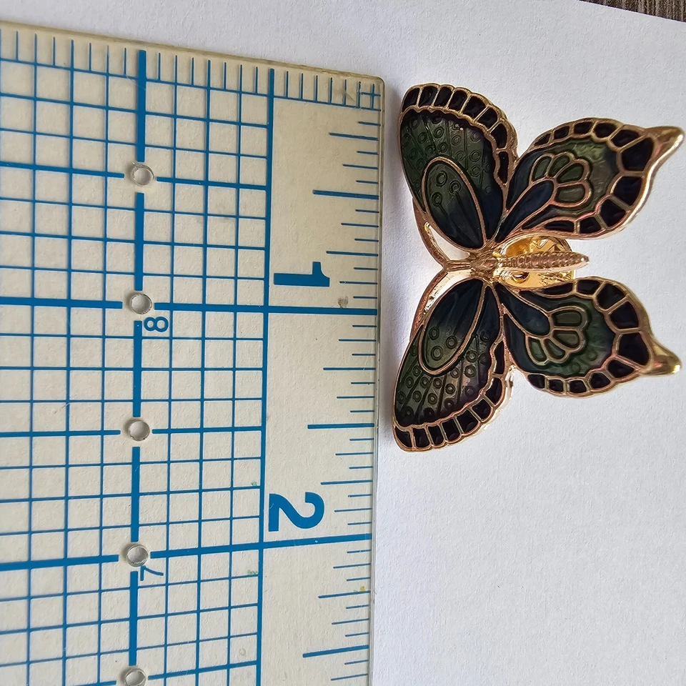 Gorgeous Cloisonné Style Butterfly Pin Blue & Green Enamel, Gold Tone - Image 3 of 4