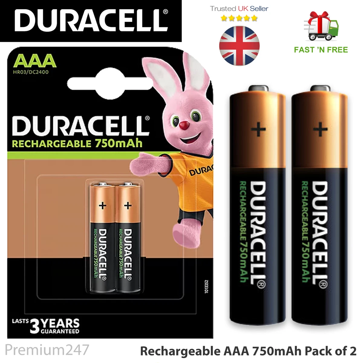 2 x Duracell AAA 750 mAh Rechargeable Batteries NiMH ACCU LR03 HR03 DC2400  Phone 5000394090231