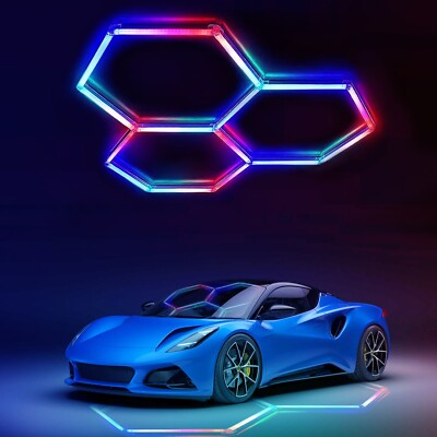 Hexagon RGB LED Ceiling Light 3 Grid Hexagon Garage Lights for Bar Gym Party