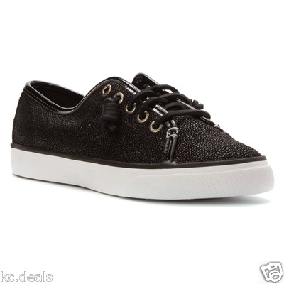 SPERRY TOP SIDER SEACOAST CAVIER BLACK GLITTER WOMENS FLAT BOAT SHOES  MULTISIZE