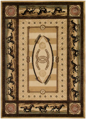 Cheyenne Area Rug Lodge Cabin Wild Horses Horseshoe Western *FREE SHIPPING*
