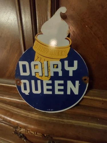 VINTAGE RARE DAIRY QUEEN PORCELAIN SIGN OLD ICE CREAM CONE SWEET ADVERTISING