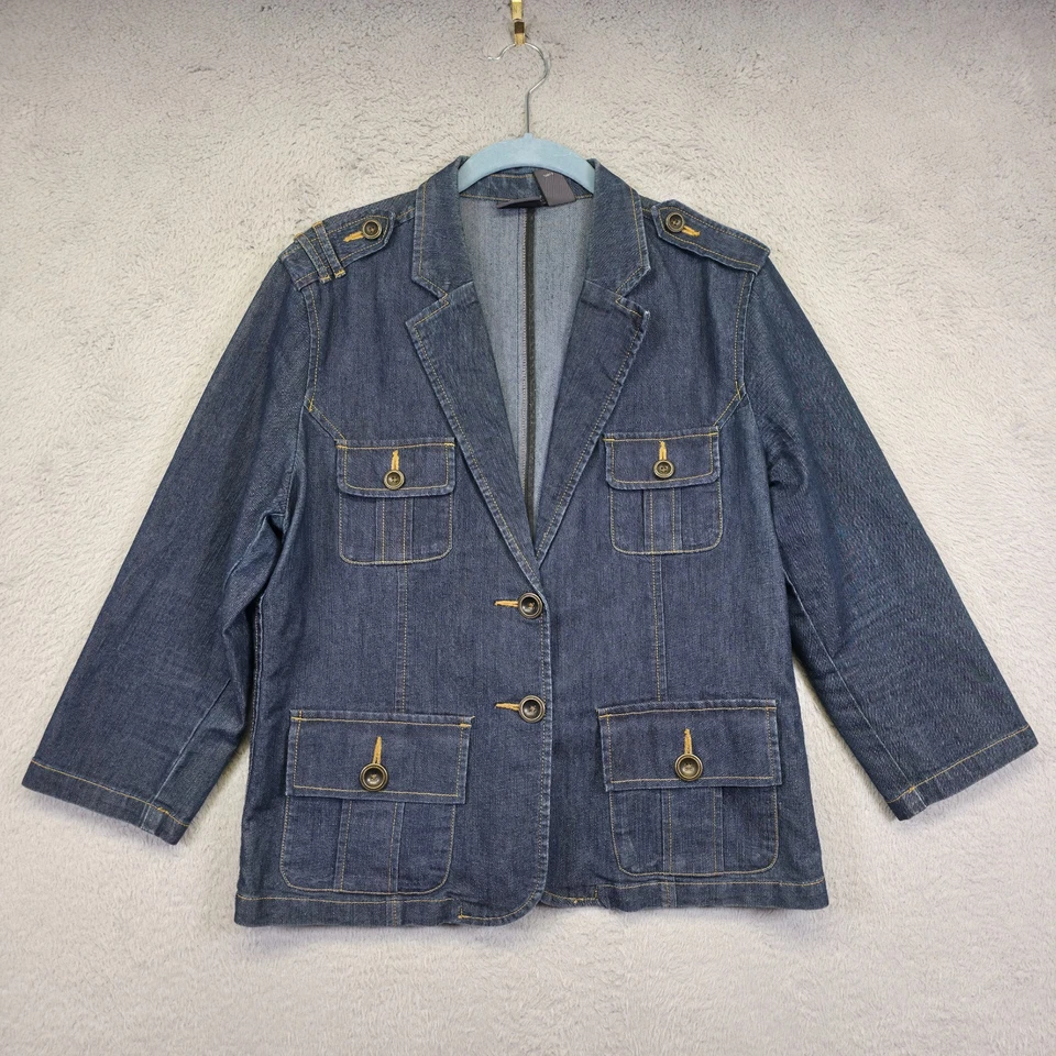 Chaqueta de mezclilla Y2K City Streets para mujer XL azul denim lavado oscuro utilitaria militar Foto 3 de 4