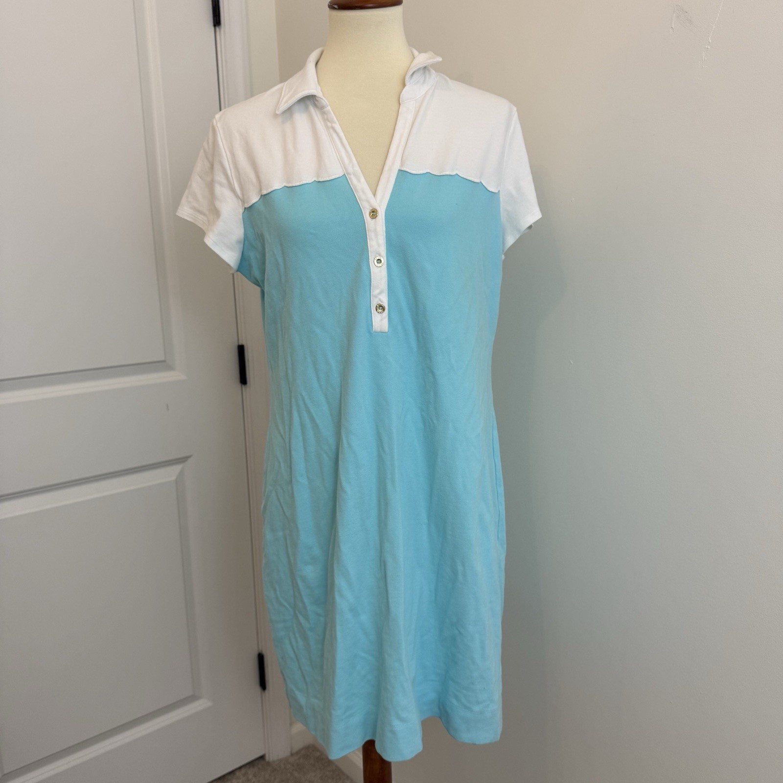 Lilly Pulitzer Polo Tonda Dress, X-Large, Turquoise White With Gold Buttons