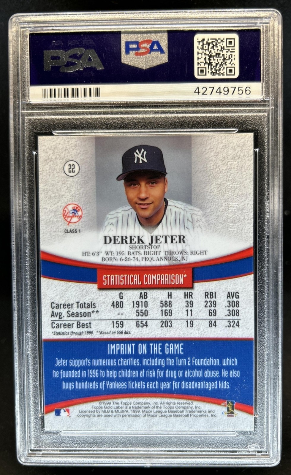 1999 Topps Gold Label Derek Jeter Class 1 Red #/100 Yankees PSA 10 GEM MINT view 2