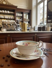 Aynsley Red Corset Tea Cup and Saucer with Pink Rose, Collectible Bone China