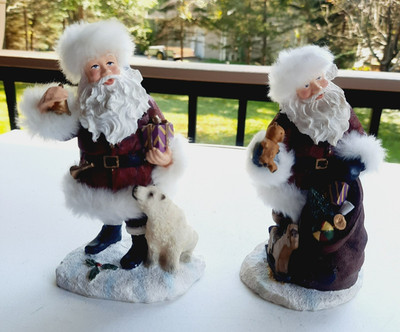 2 Vtg Young's Santa Claus w Present Bear Figurine Faux Fur Christmas Decor 2002