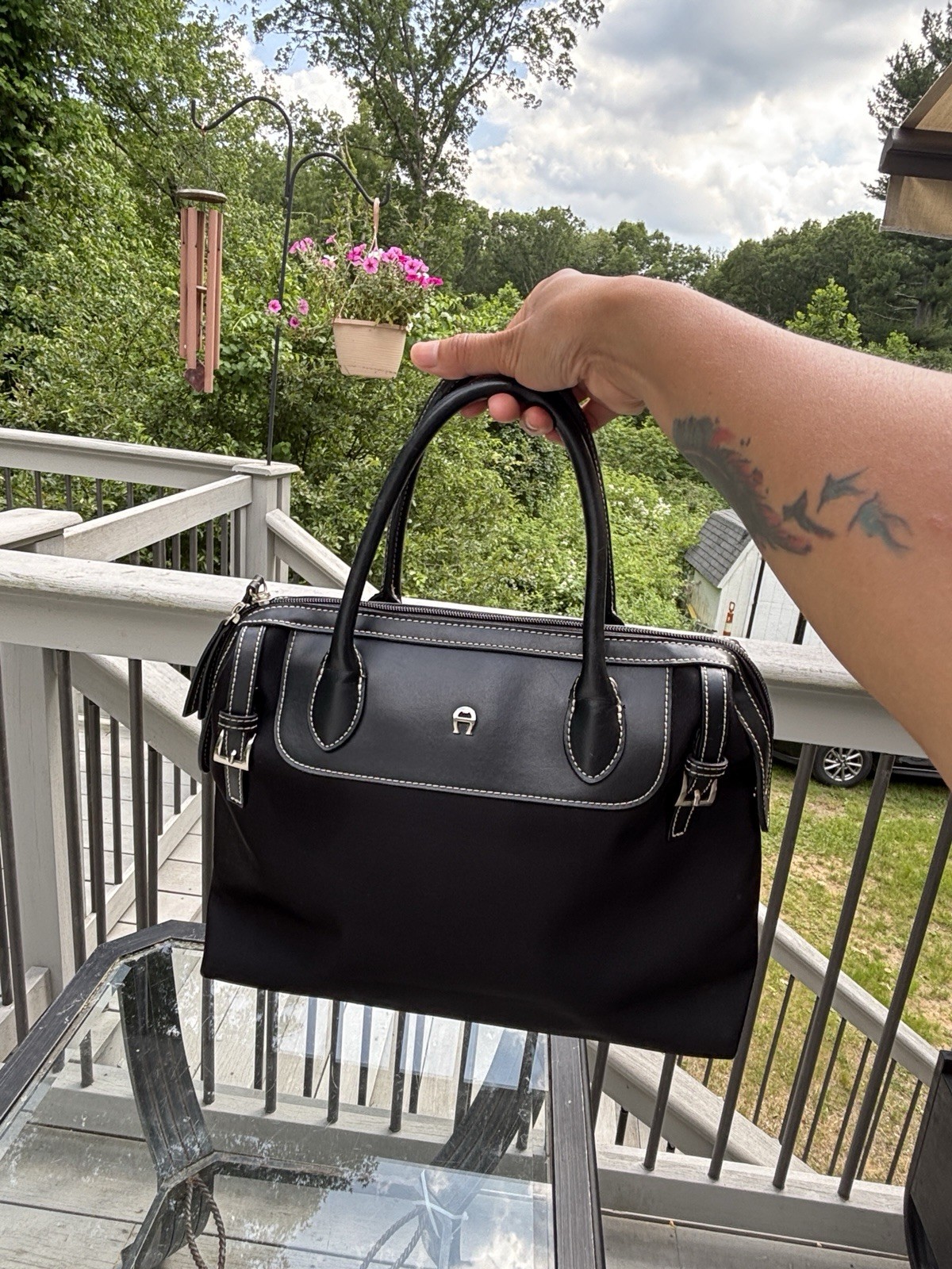 Etienne Aigner Black Satchel Top Handle Bag Zip Closure Buckle Accent Silver