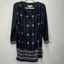 Loft Long Sleeve Shirtdress Womens Petite Small Navy Geometric Print Casual