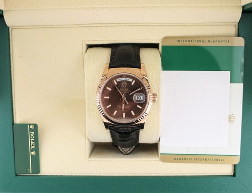 2015 Rolex Day-Date 118135 Chocolate Dial 18kt RG Leather Stra...