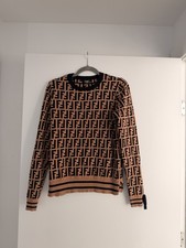 Fendi Brown Black Logo Print Women's Long Sleeve Pullover Sweater Crew Neck