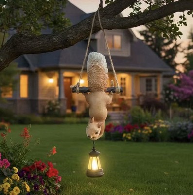 Hanging Squirrel Solar Lantern Statue Outdoor Garden Tree Decor Light Patio LED
