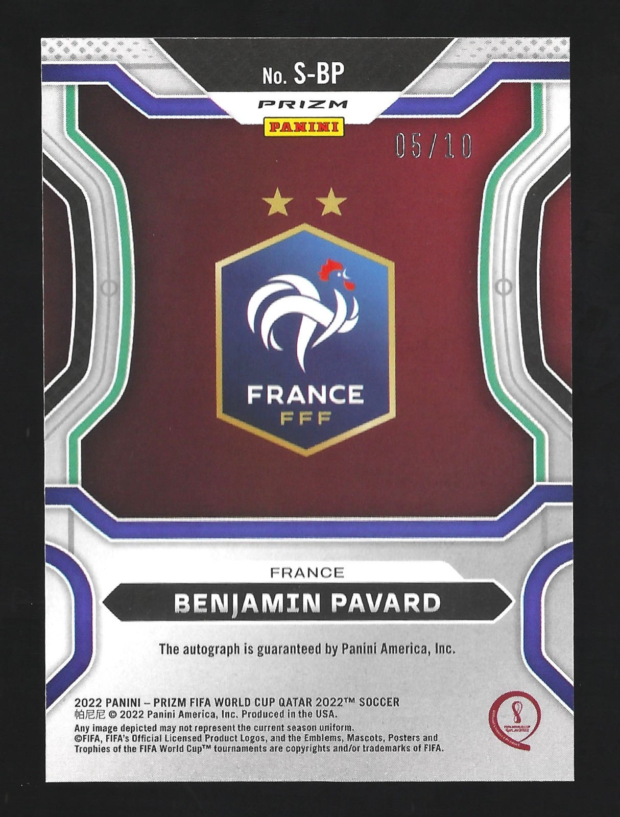 2022 Panini Prizm World Cup Benjamin Pavard Gold Pulsar Prizm Auto 05/10 France view 2