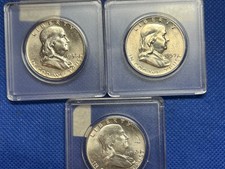 Franklin Half Dollars 1956 1959d 1963D 90% Silver Lot of 3, BU #858