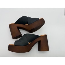 Donald Pliner Black Leather Platform Sandals Wood Block Heel Toe Loop Slides 7M