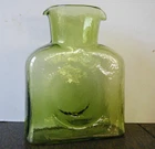8"Vintage 70s MCM Blenko Glass Signed 384 Olive Green Water Pitcher Double Spout