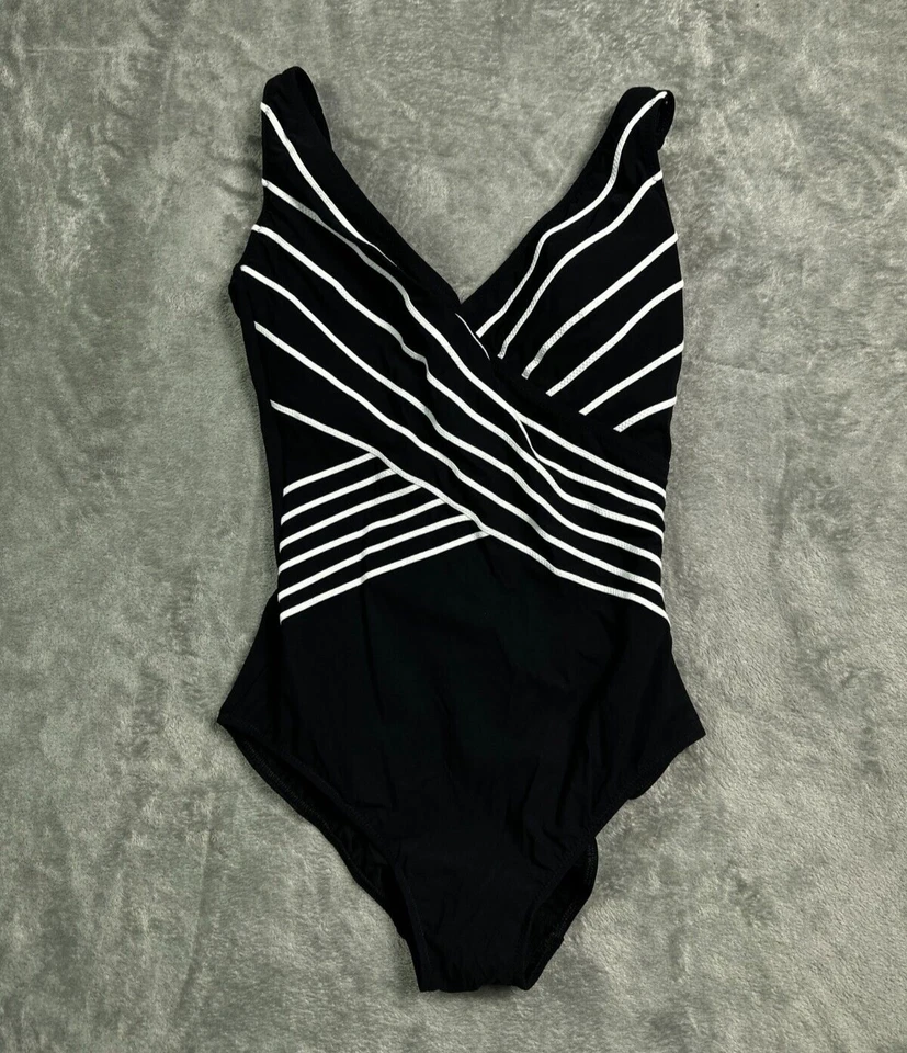 NWT One Piece Swimsuit Womens 8 Black Geometric Gottex Embrace Surplice V Neck - Image 3 of 4