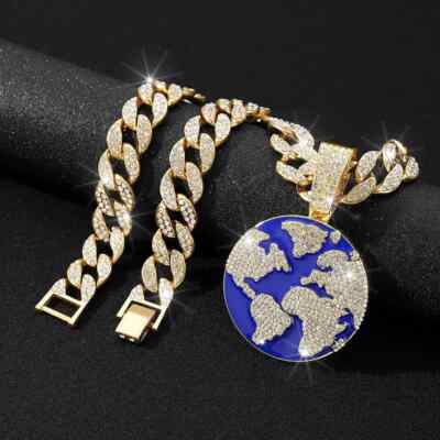 World Earth Planet Pendant & 20'' Iced Cubic Zirconia Chain Hip Hop Necklace
