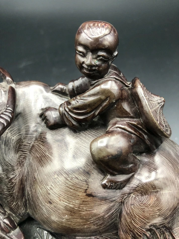 Estatuilla china de colección tallada a mano niño en búfalo de agua y bebé Foto 3 de 4