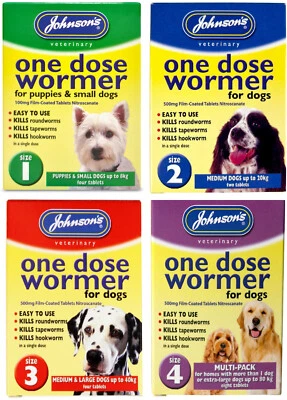 JOHNSON'S DOG SUPPLIES JOHNSONS ONE DOSE WORMER PUPPY DOG ROUNDWORM TAPEWORM WORMING TABLETS 4 SIZES
