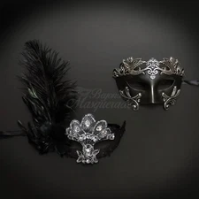 His & Her Couples Masquerade Mask Black Silver Themed Phantom Set Combo Mask 