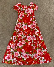 VTG 60s Ui-Maikai Barkcloth Aloha Maxi Hawaiian Pleated Back Dress 30" Chest