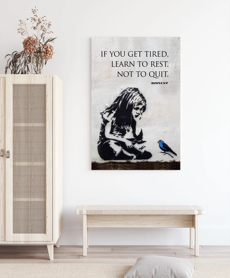 BANKSY GIRL BLUE BIRD QUOTE LEARN TO REST CANVAS WALL ART PRINT GRAFFITI PORT - Image 3 of 4