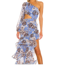 BNWT Alexis Blue Floral Sabetta One Shoulder Ruffle Flounce Cut Out Dress S 665