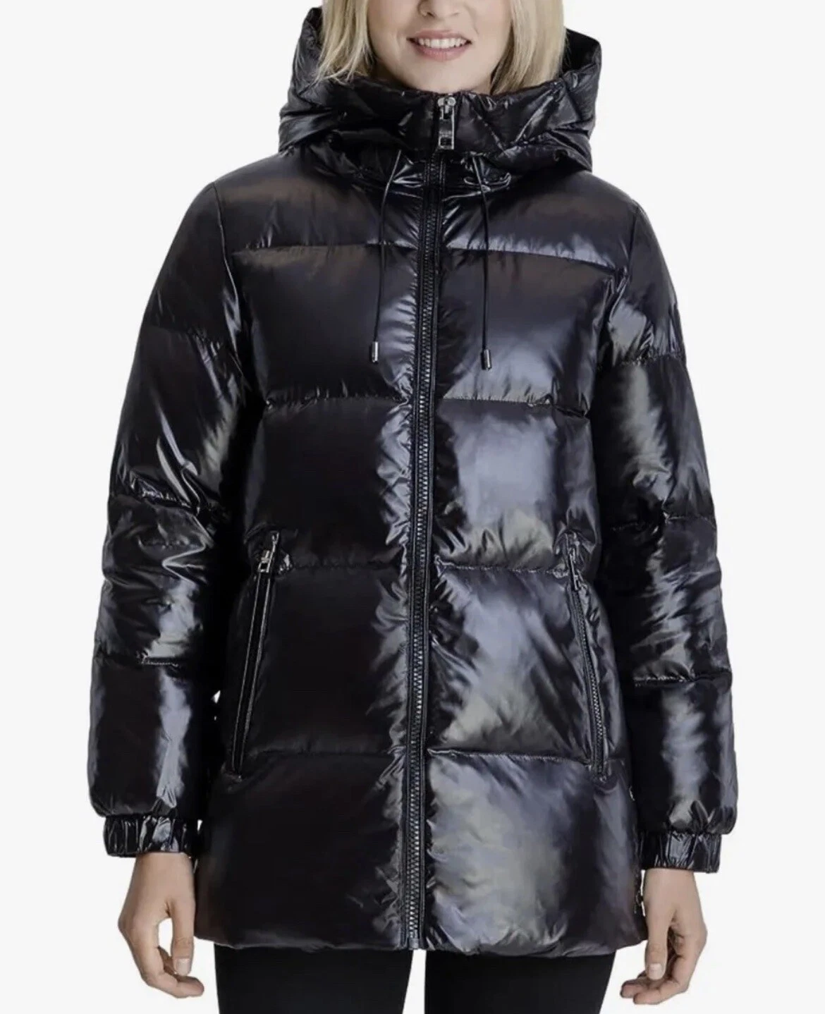 Michael Kors Cappotto tampone donna nero lucido con cappuccio