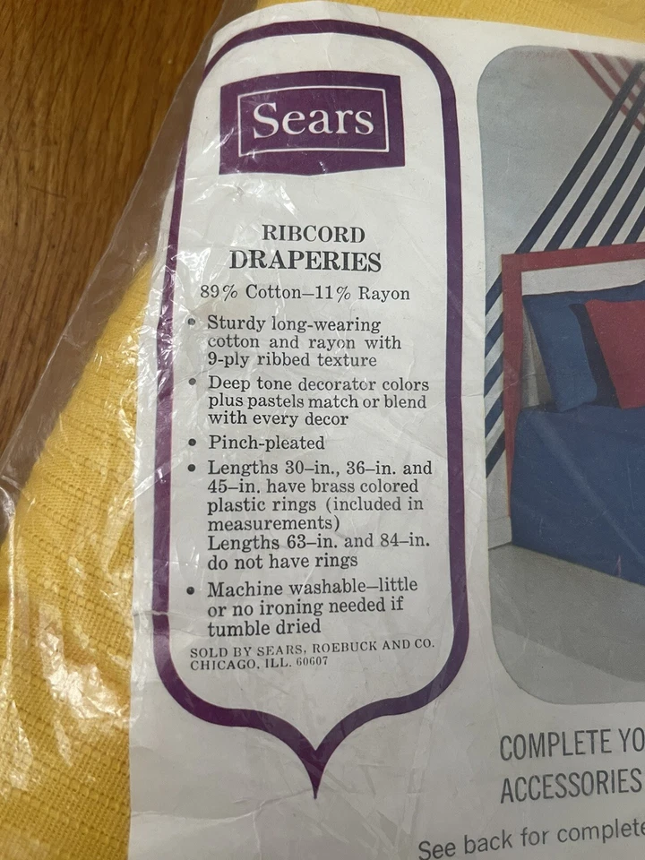 VTG MCM Sears RIBCORD Pinch Pleat Drapes Curtains Pair 50”x30” Lemon Yellow NEW - Image 3 of 4