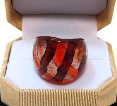 Chunky Amber Orange Loose Plaid Silver Foil Hand Blown Glass Bling Ring Sz 