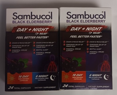 2 Sambucol Black Elderberry Day + Night Relief 24ct Capsules Mcrocrystalline