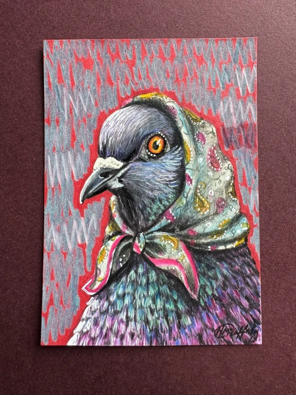 ACEO Art Cards Original Illustration fashion pigeon drawing HVM illustration
