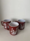 3 Vtg HAZEL ATLAS Red Maroon Native American Indian MILK GLASS Mugs Cup Buffalo