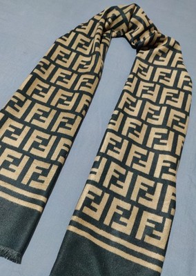 Fendi Scarf Shawl Stole Black Brown Unisex Cashmere Silk FF Logo