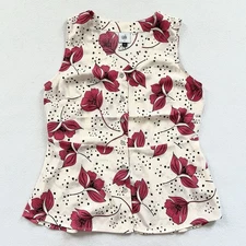 CAbi Women 8019 Fanfare Top Cream Pink Floral Print Peplum Button Sleeveless S