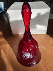 Vtg Fenton Ruby Red Glass Medallion Handpainted White Roses 7” Bell Sgnd G. Finn