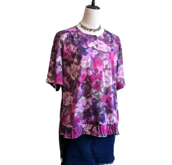 80s Act III Floral Blouse Womens XL Pink Purple Short Sleeve Vintage Top