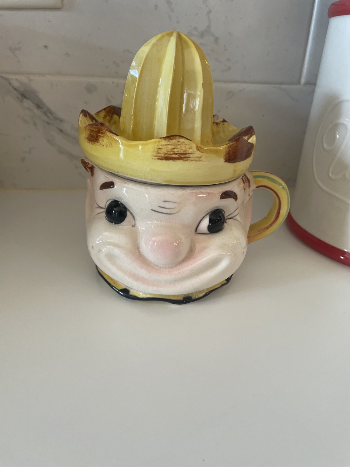 Vintage Ceramic Juicer/Reamer Yellow & Brown Man W/ Sombrero Hat 6”Tall