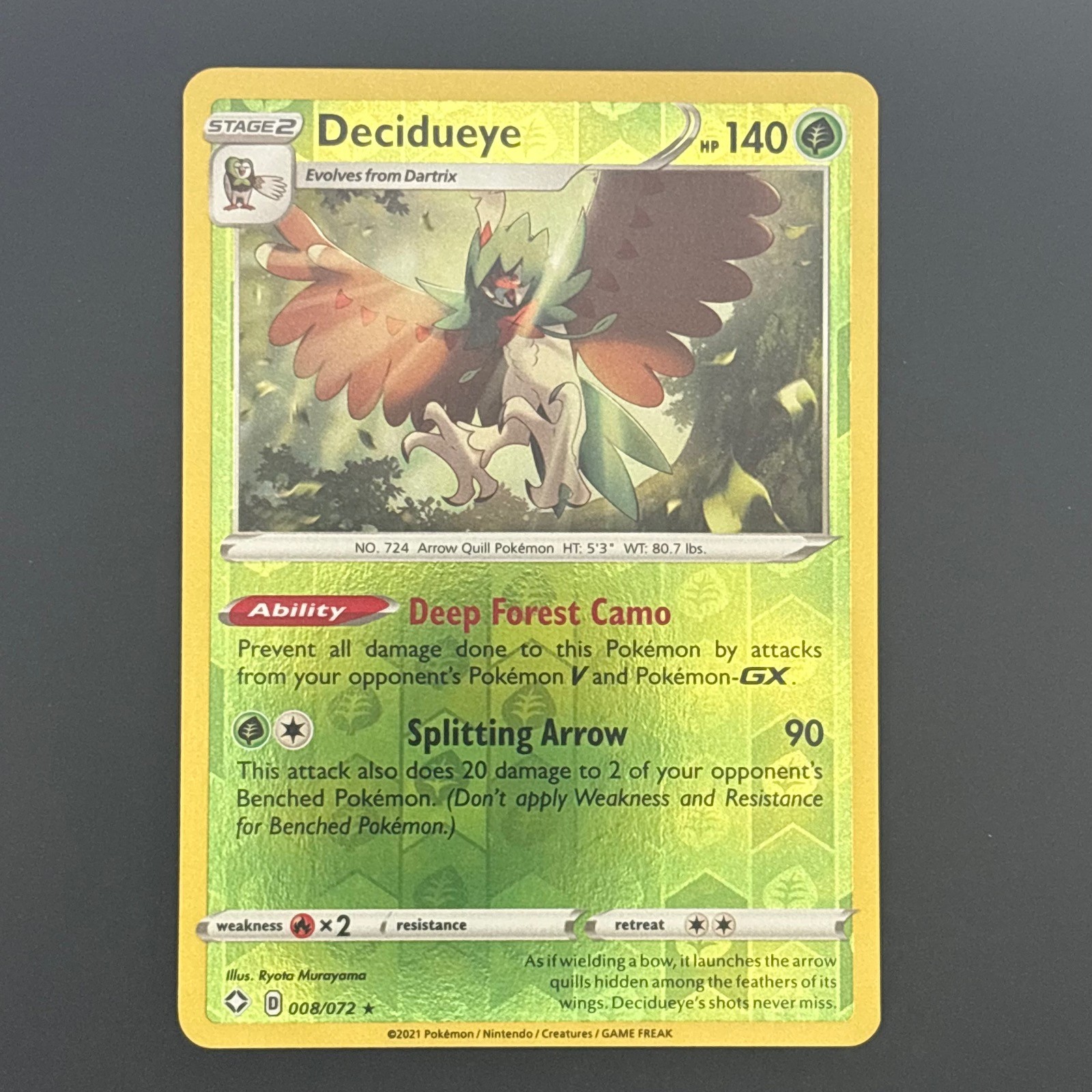 Decidueye 008/072 Rare Shining Fates Pokemon Reverse Holo Lightly Played