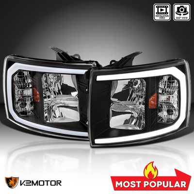 #ad Fits 2007 2013 Chevy Silverado 1500 2500HD 3500HD LED Strip Headlights Black $149.38