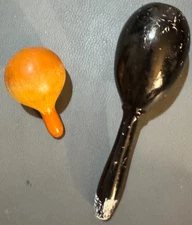 Rare Antique Shaker Light Brown Darning Egg + Vintage Black Wooden Sewing Tool