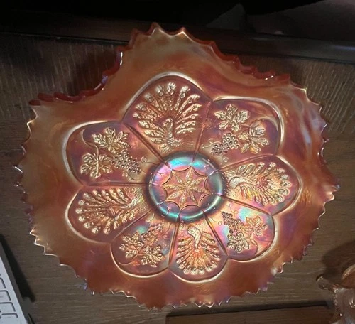 Carnival Glass Bowl pre-1940 Marigold Ruffle  with Peacock and Grape design